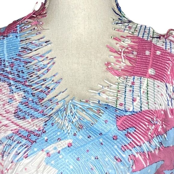 Atelier5 Wm’s Sz Med Pink Blue Flourish Allover Print Fringe Neck Soft Shirt Top - Picture 2 of 3